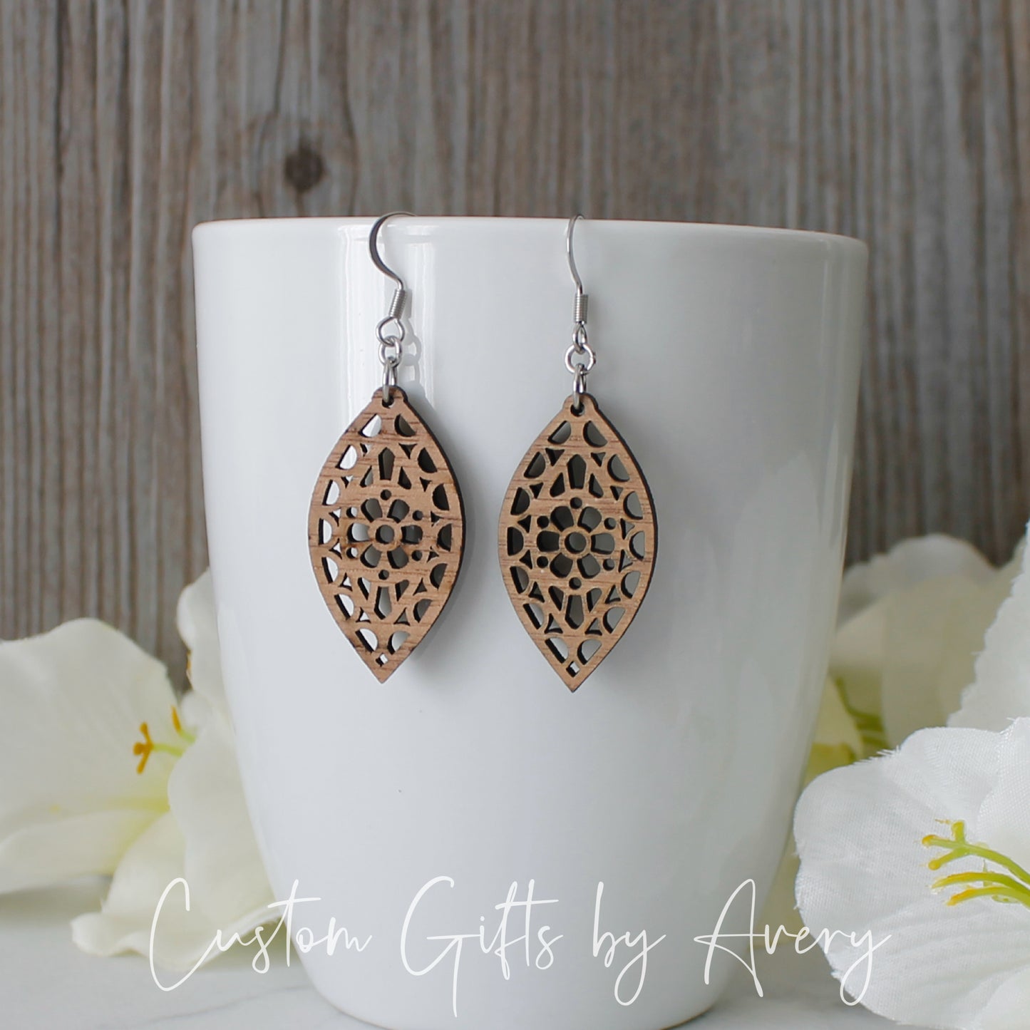 Marquis Flower Cut Out Earrings in Walnut Wood