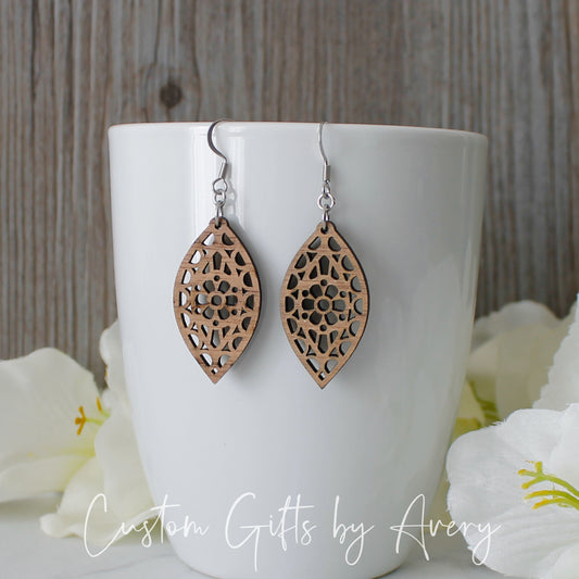 Marquis Flower Cut Out Earrings in Walnut Wood