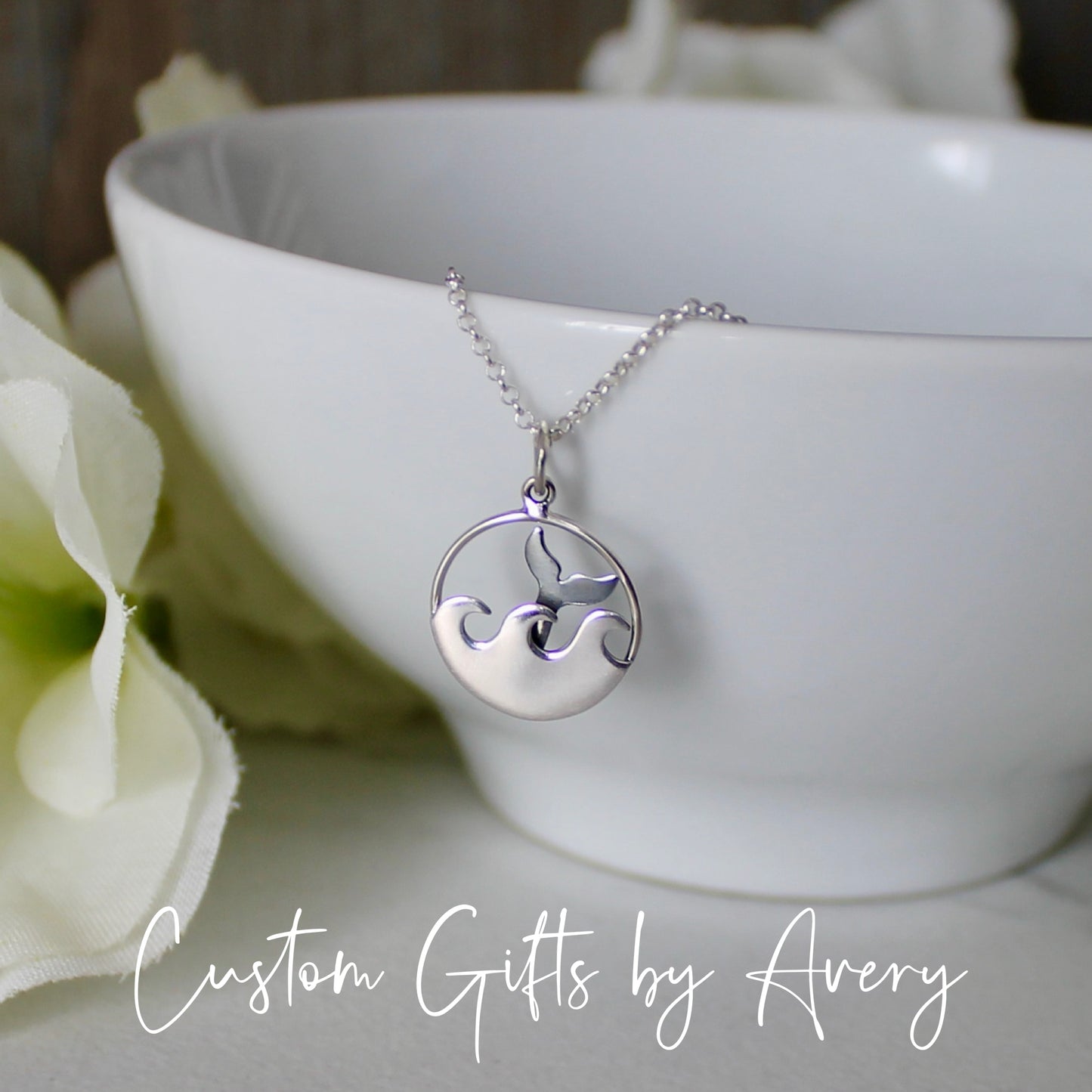 Sterling Silver Mermaid or Whale Tail with Ocean Waves Necklace