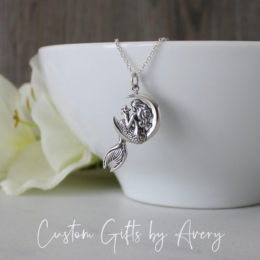 Sterling Silver Mermaid on Crescent Moon Necklace