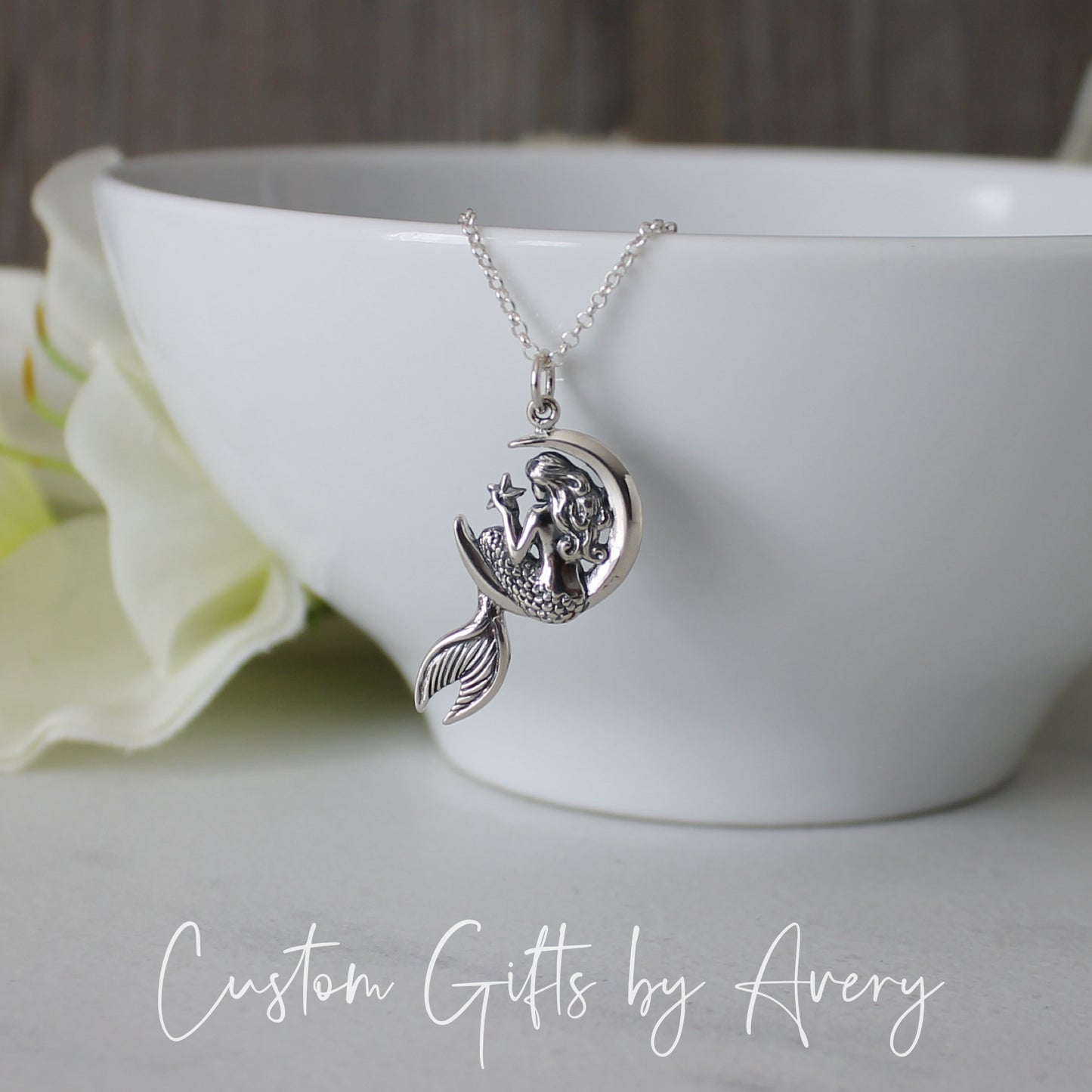 Sterling Silver Mermaid on Crescent Moon Necklace