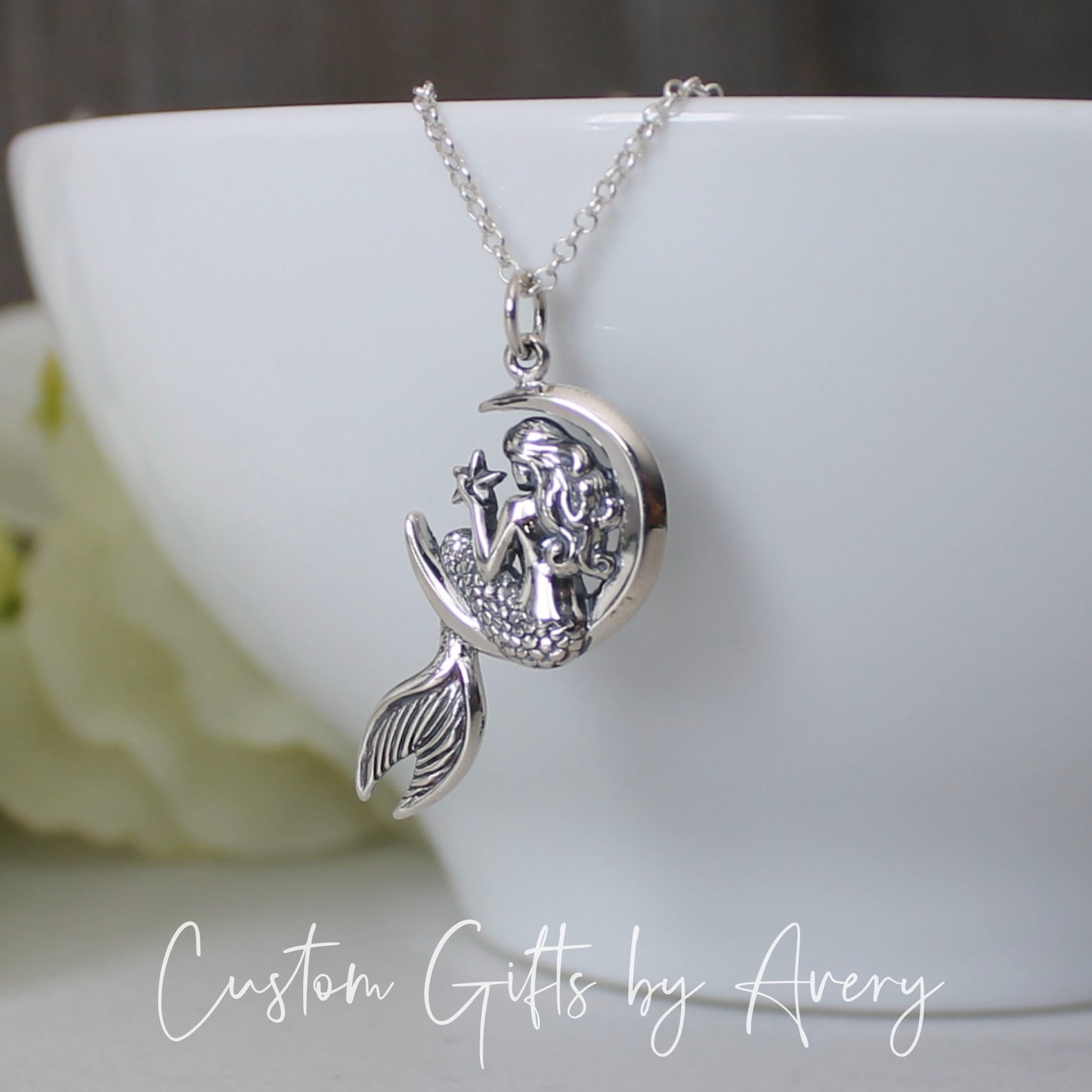 Sterling Silver Mermaid on Crescent Moon Necklace