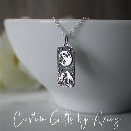 Sterling Silver Full Moon & Snow Capped Mountain Necklace