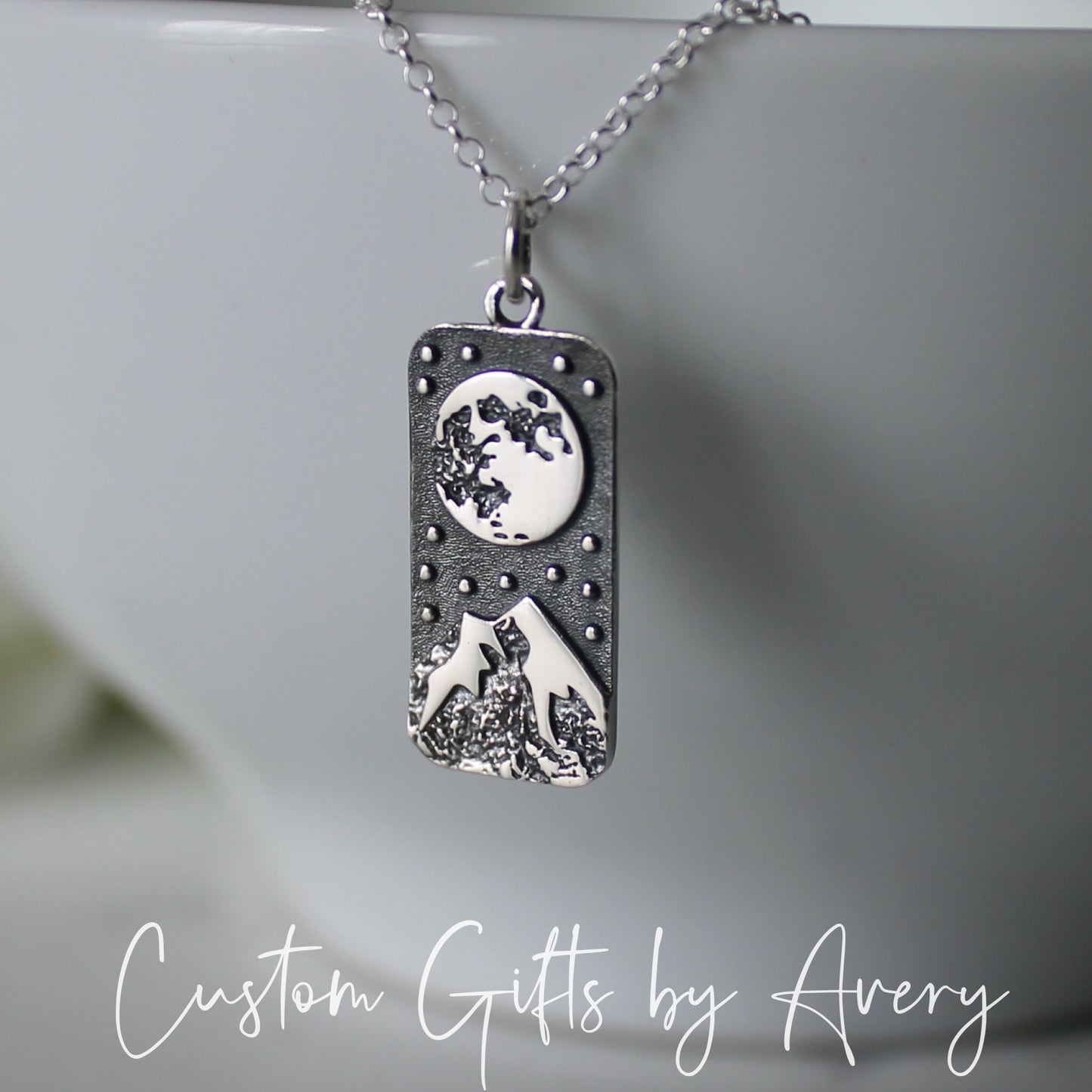 Sterling Silver Full Moon & Snow Capped Mountain Necklace