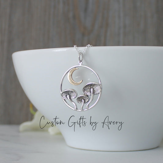 Sterling Silver Mushroom & Cresent Moon Necklace