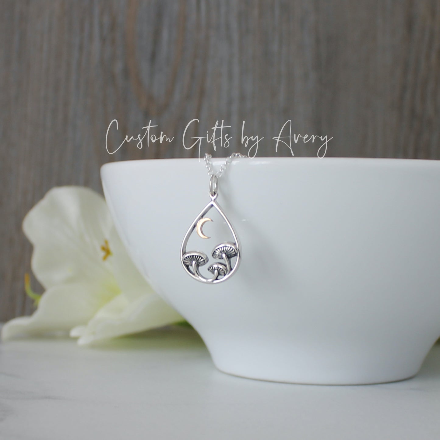 Sterling Silver Teardrop Mushroom & Cresent Moon Necklace