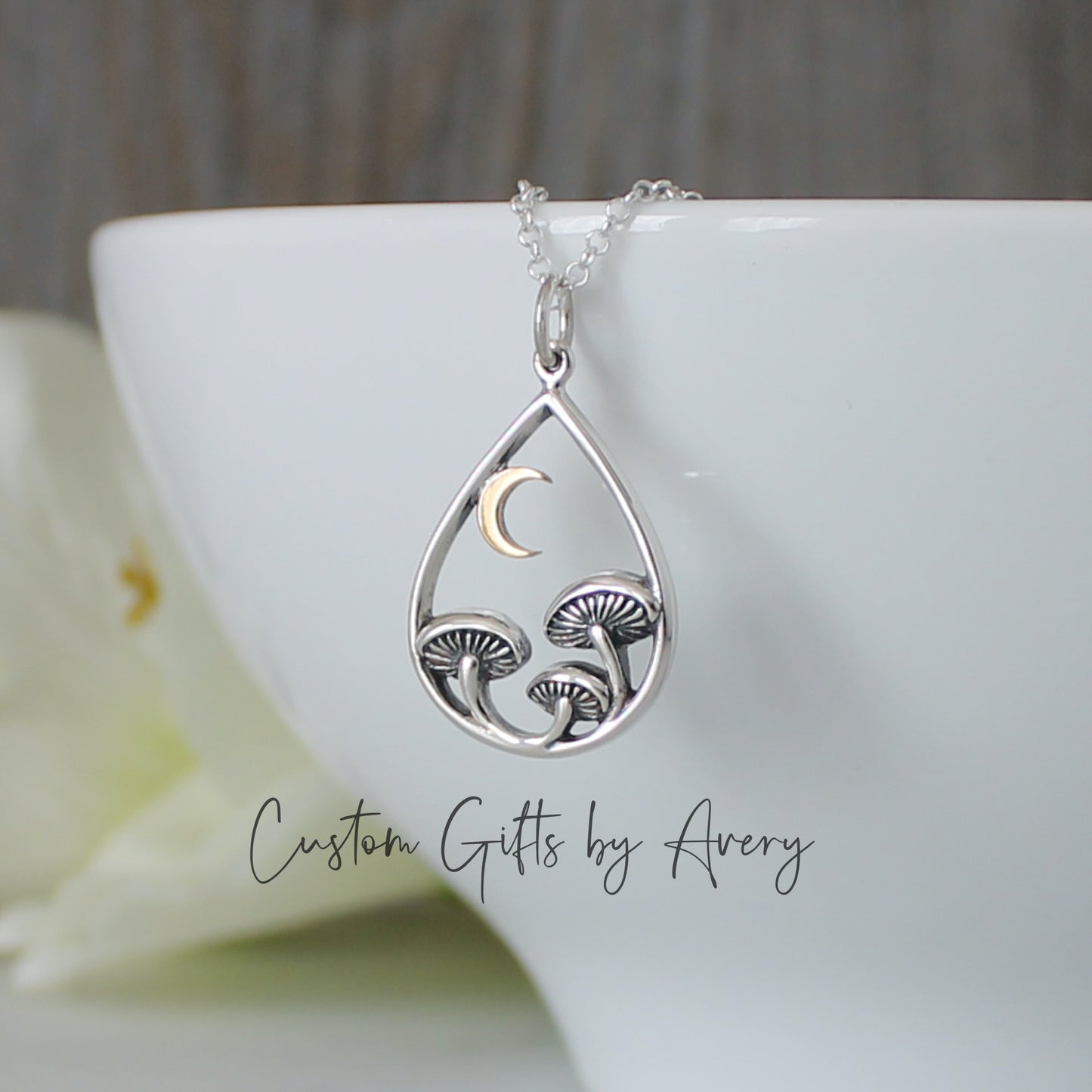 Sterling Silver Teardrop Mushroom & Cresent Moon Necklace