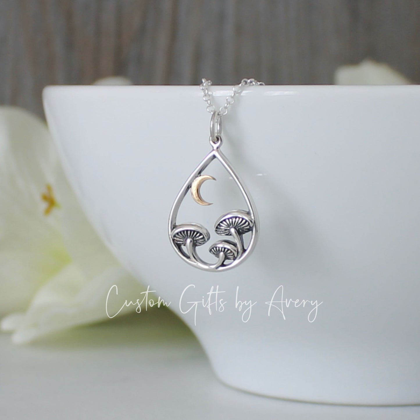 Sterling Silver Teardrop Mushroom & Cresent Moon Necklace