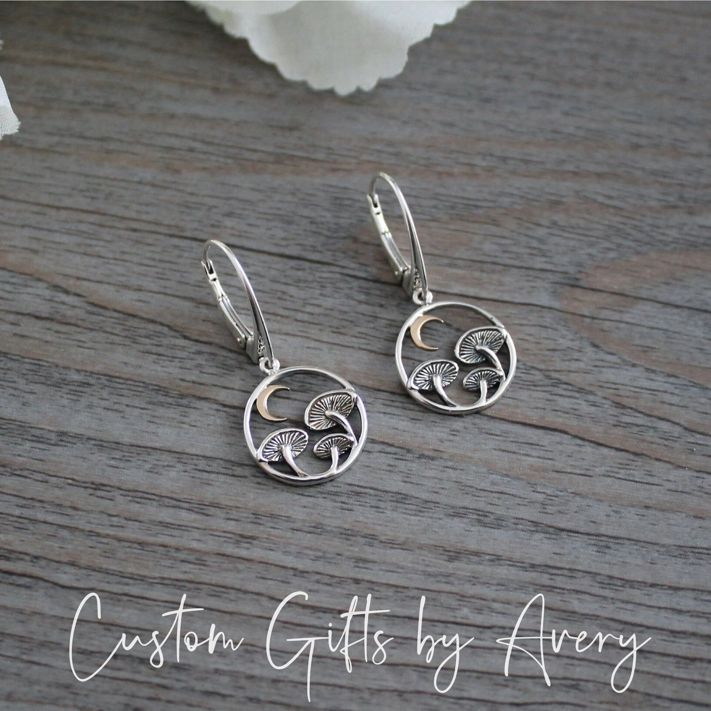 Sterling Silver & Bronze Mushroom & Crescent Moon Earrings