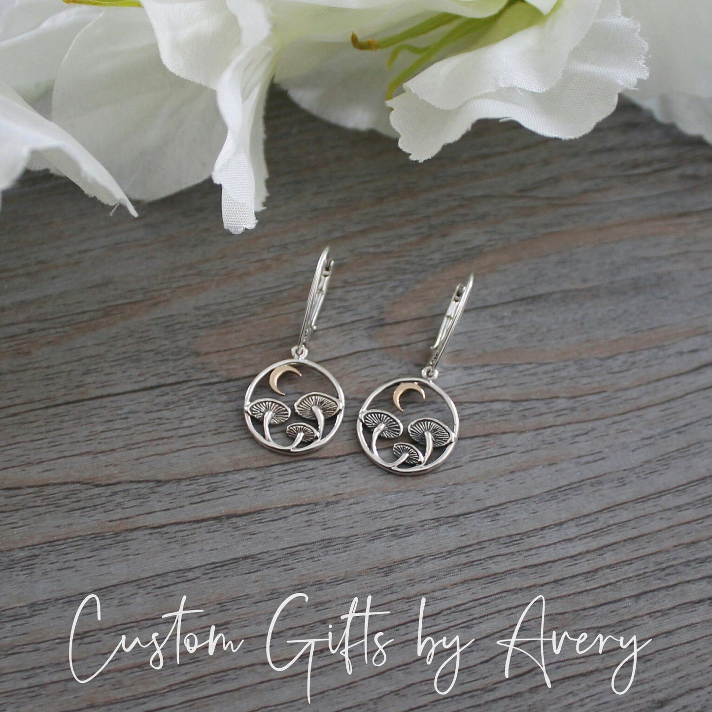 Sterling Silver & Bronze Mushroom & Crescent Moon Earrings