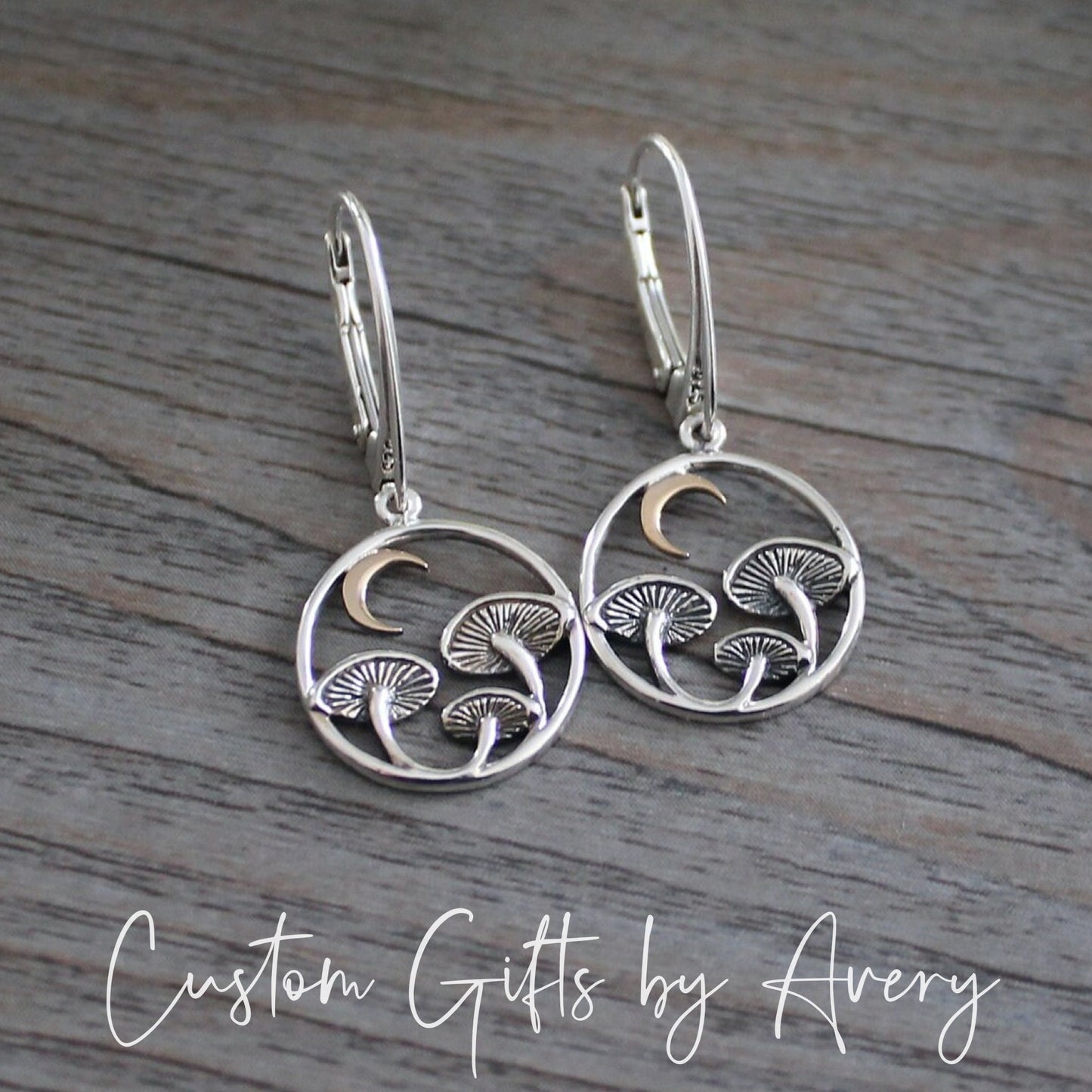 Sterling Silver & Bronze Mushroom & Crescent Moon Earrings