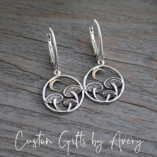 Sterling Silver & Bronze Mushroom & Crescent Moon Earrings