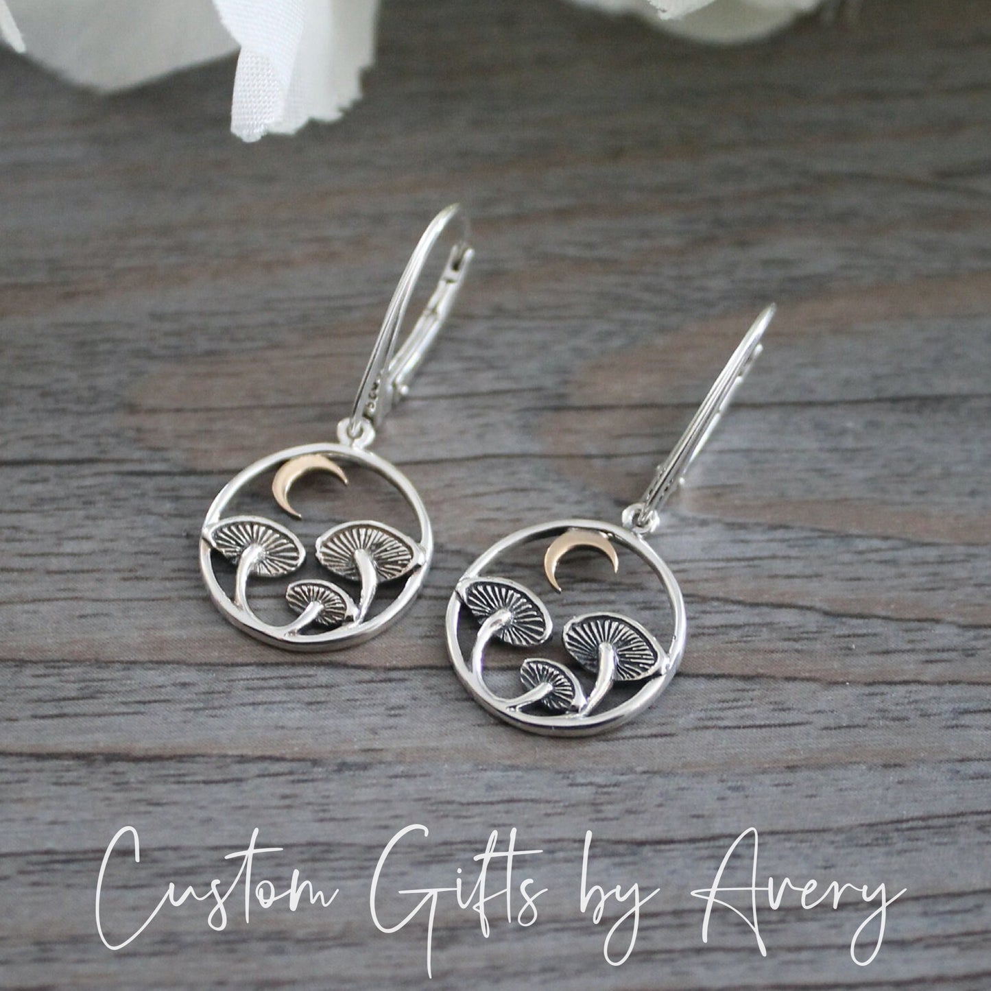 Sterling Silver & Bronze Mushroom & Crescent Moon Earrings