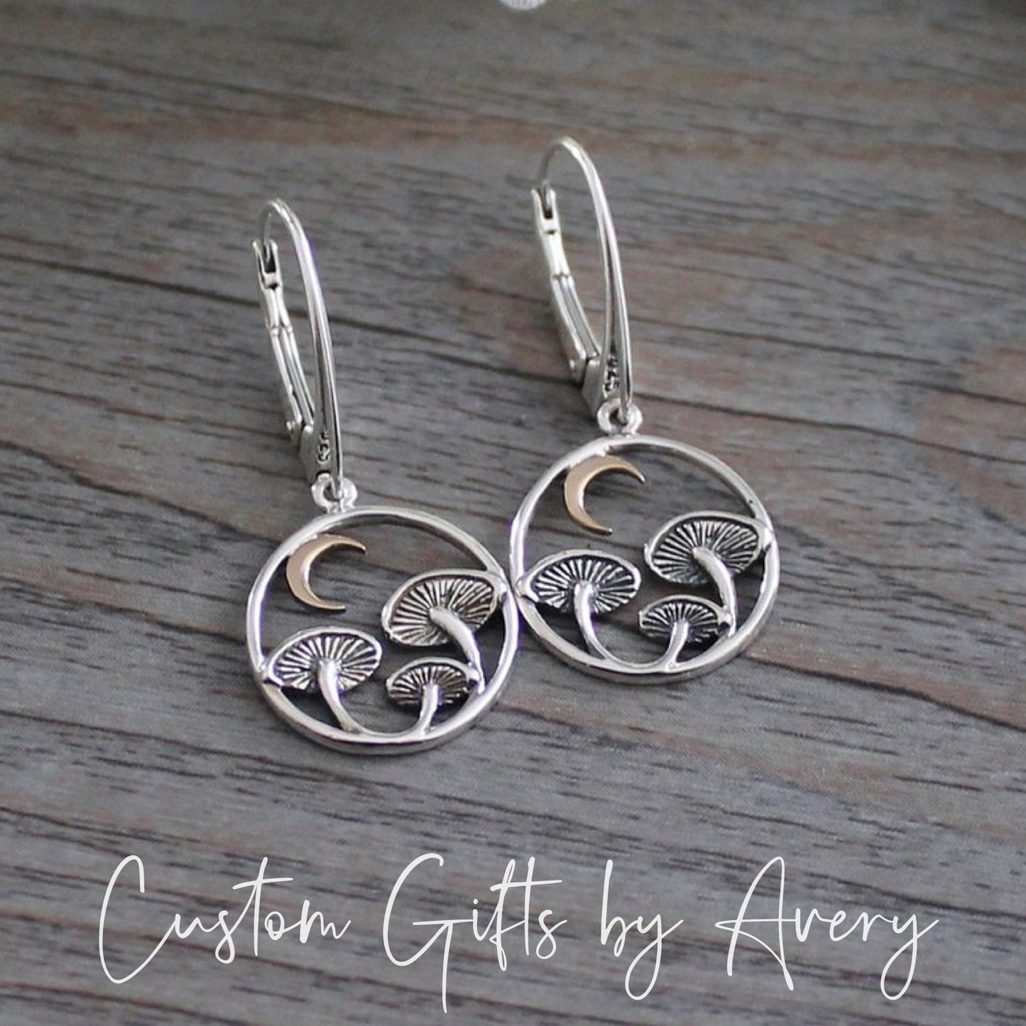 Sterling Silver & Bronze Mushroom & Crescent Moon Earrings