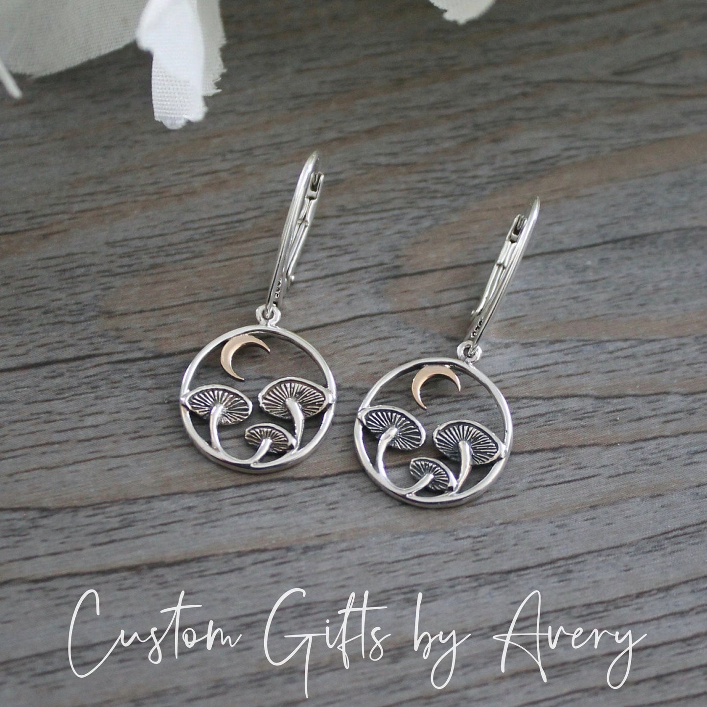 Sterling Silver & Bronze Mushroom & Crescent Moon Earrings