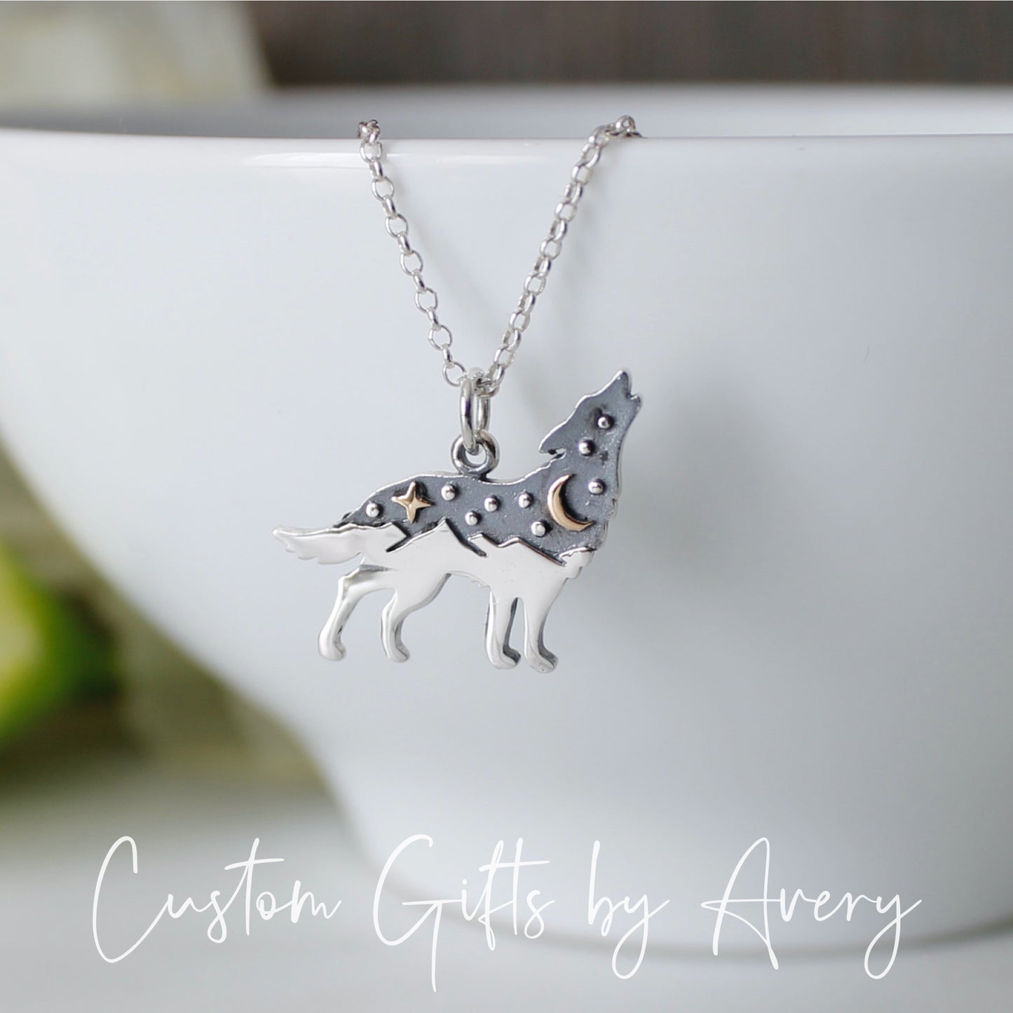 Sterling Silver Wolf & Night Mountain Sky Necklace