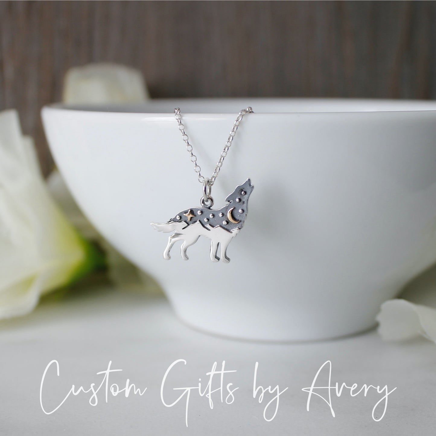 Sterling Silver Wolf & Night Mountain Sky Necklace