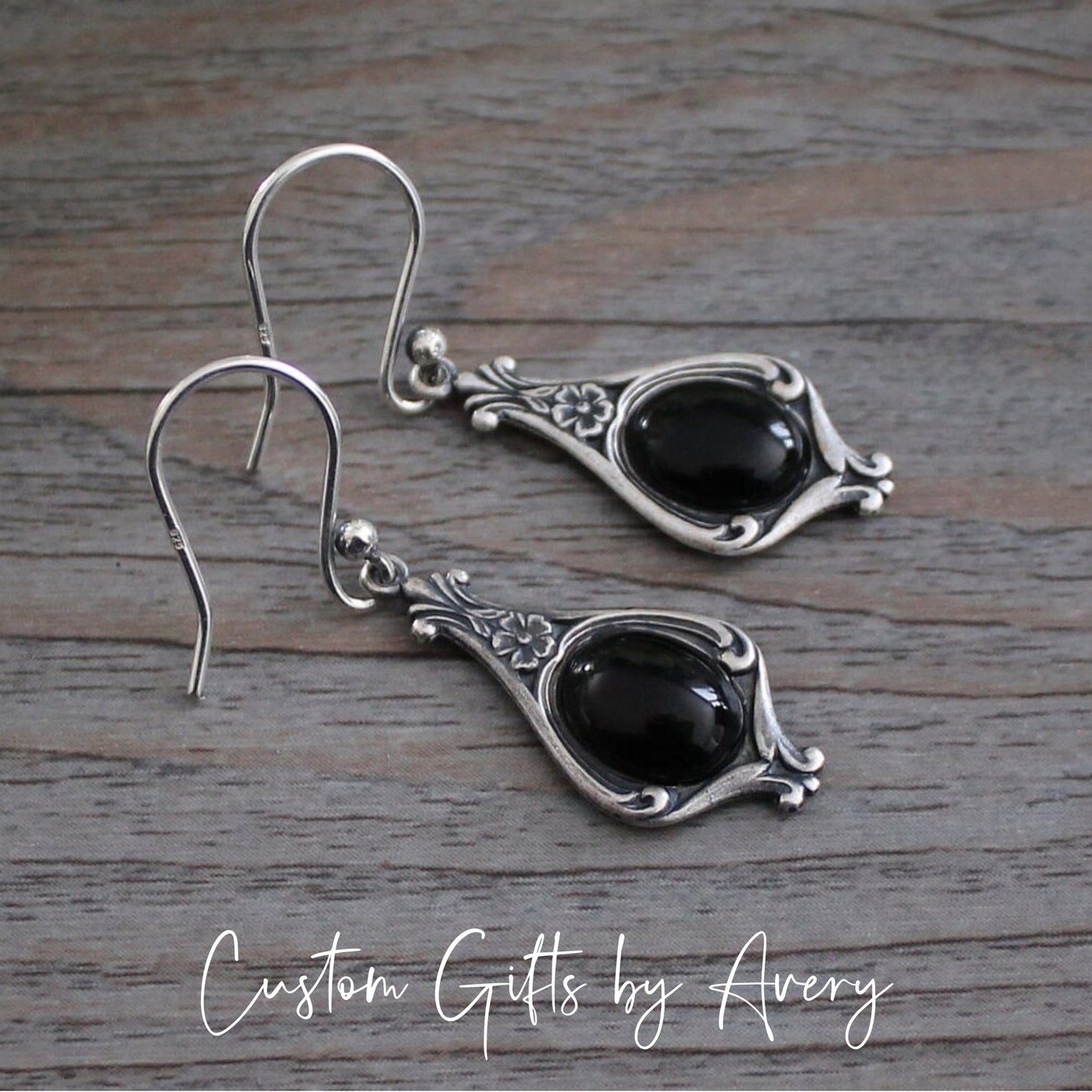 Silver Art Deco Earrings with Black Onyx Gemstones