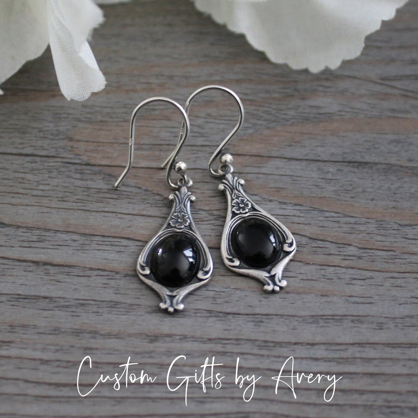 Silver Art Deco Earrings with Black Onyx Gemstones