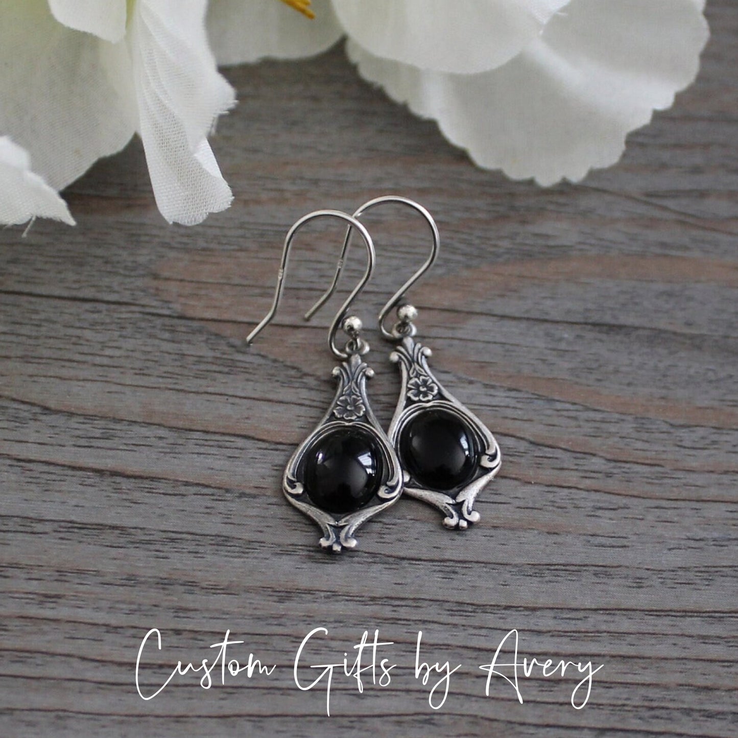 Silver Art Deco Earrings with Black Onyx Gemstones