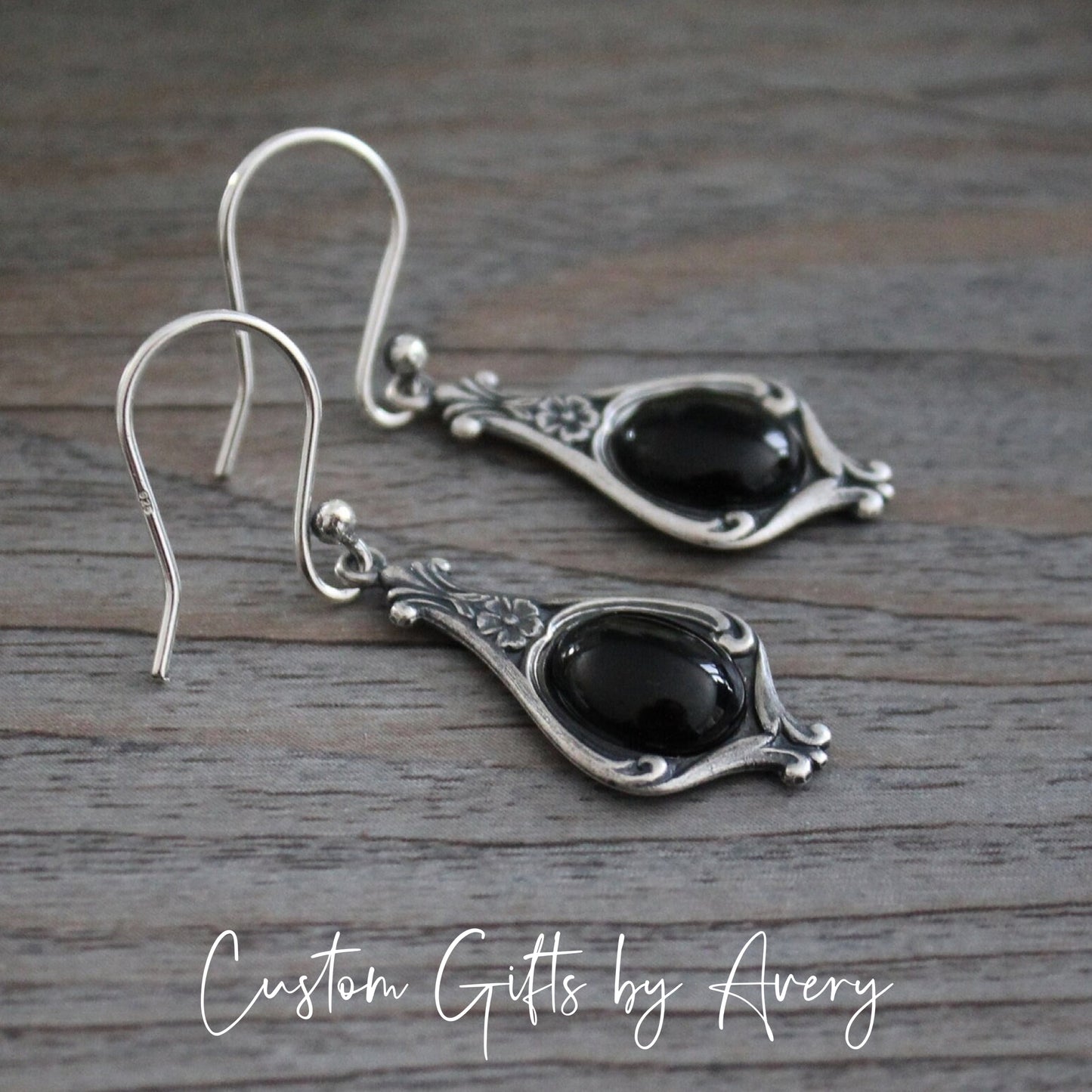 Silver Art Deco Earrings with Black Onyx Gemstones