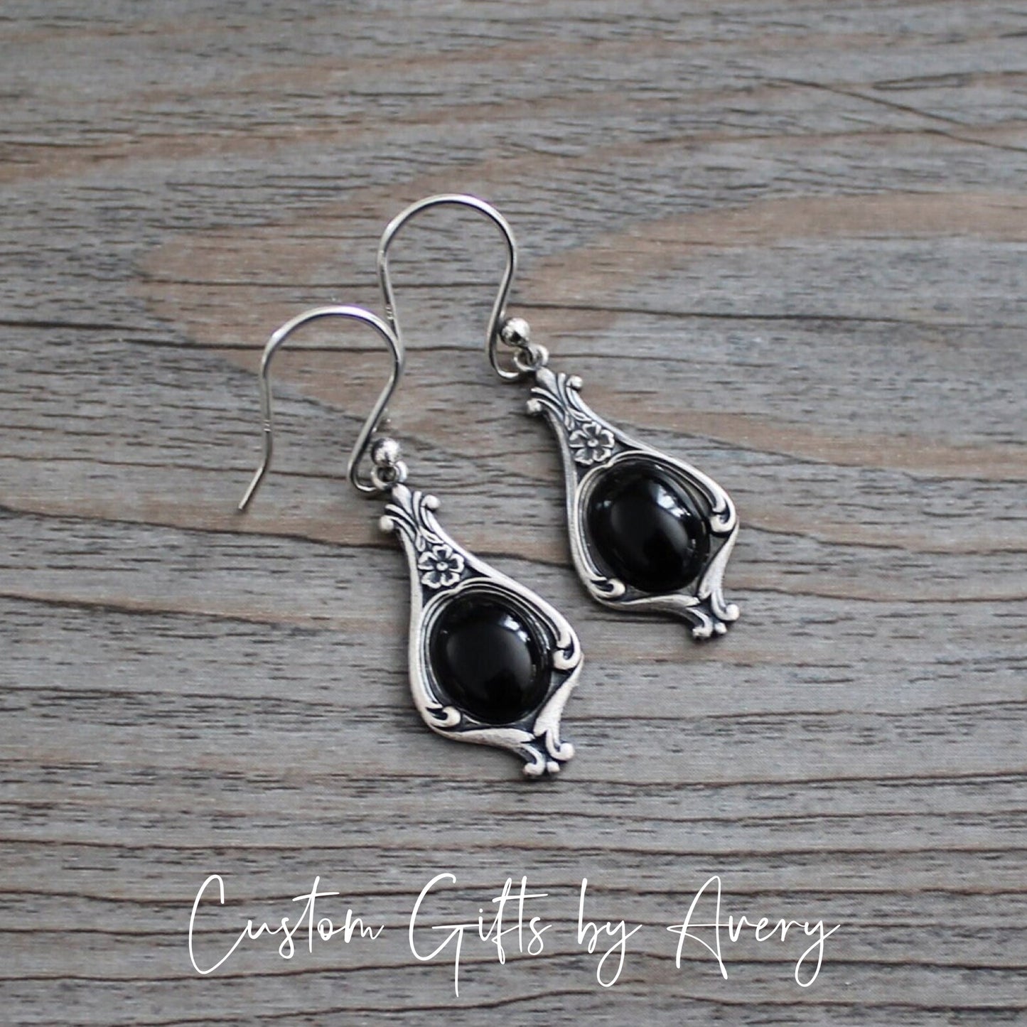 Silver Art Deco Earrings with Black Onyx Gemstones