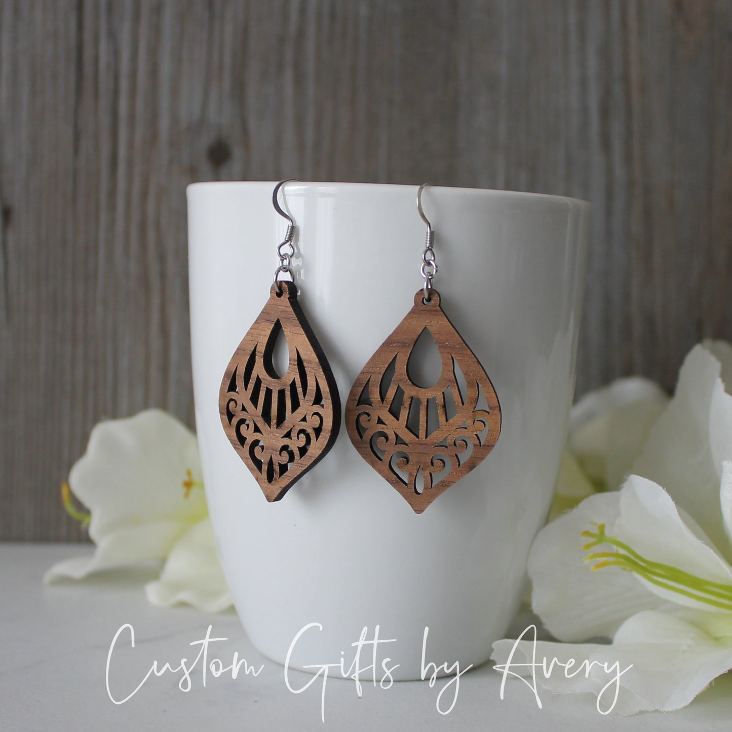 Ornate Teardrop Cutout Earrings in Walnut Wood