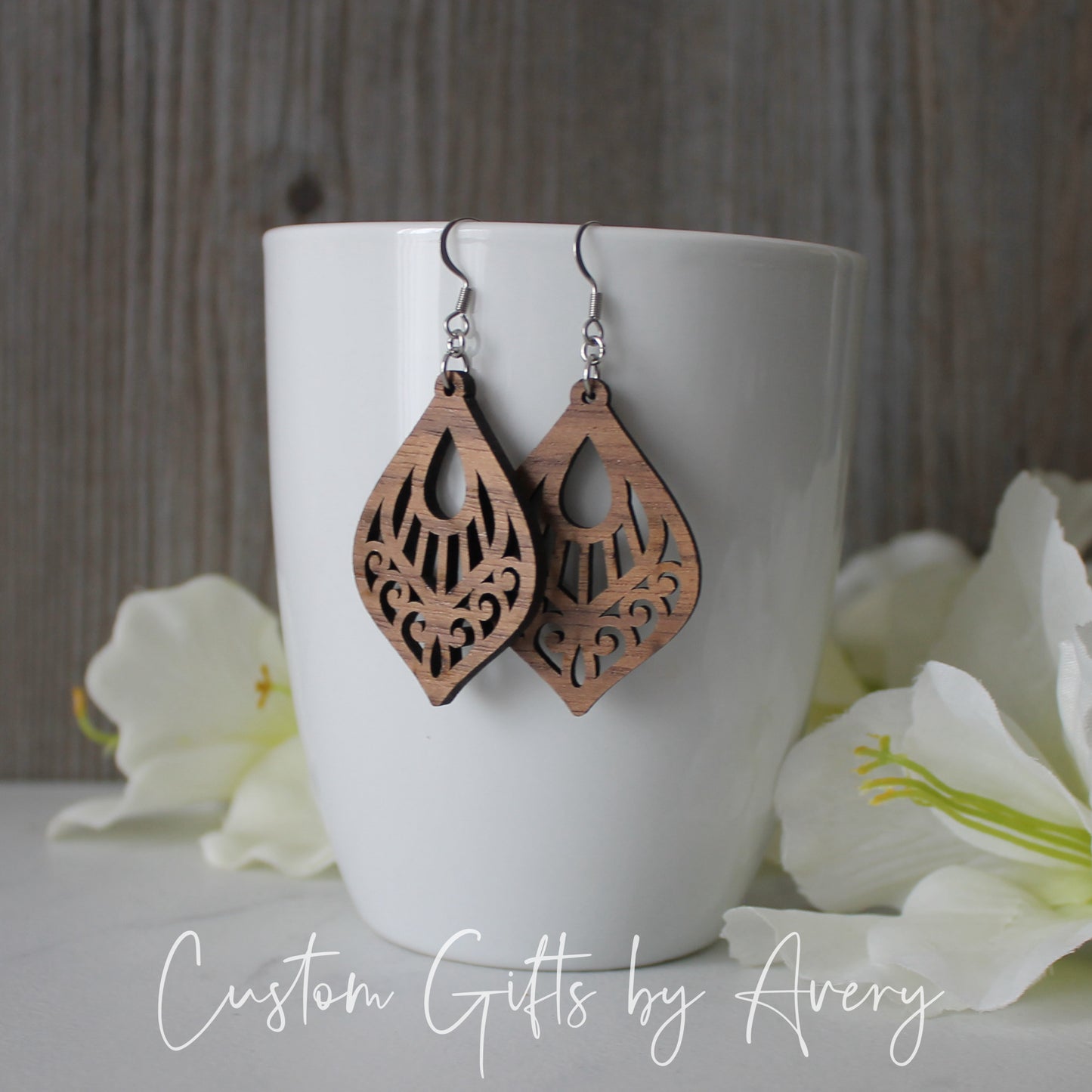 Ornate Teardrop Cutout Earrings in Walnut Wood