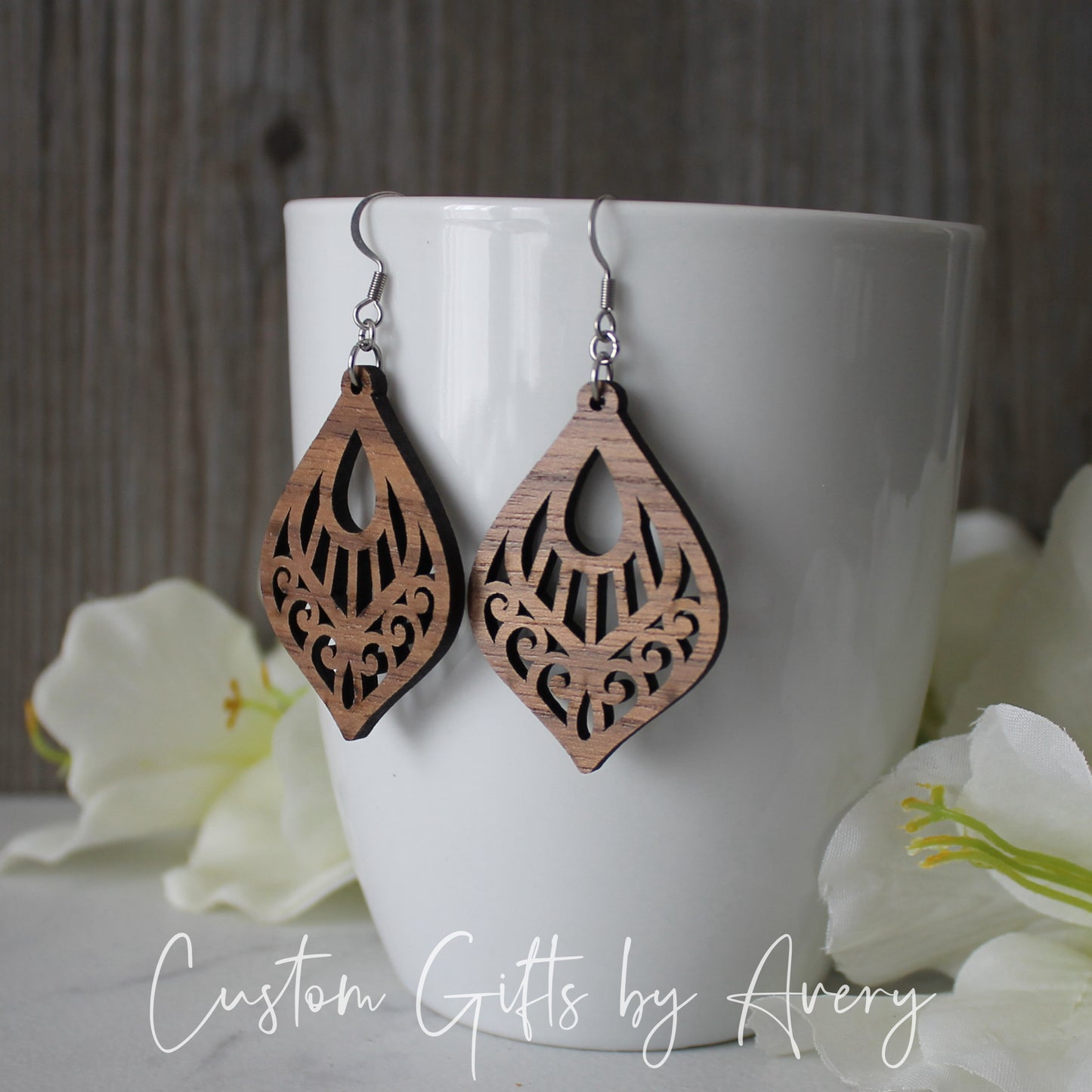 Ornate Teardrop Cutout Earrings in Walnut Wood