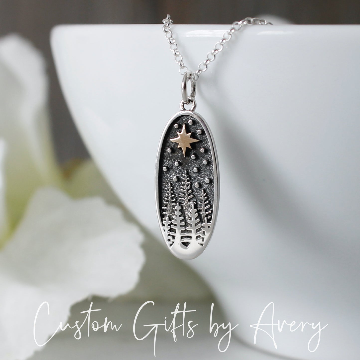 Sterling Silver Oval Forest and Star Necklace