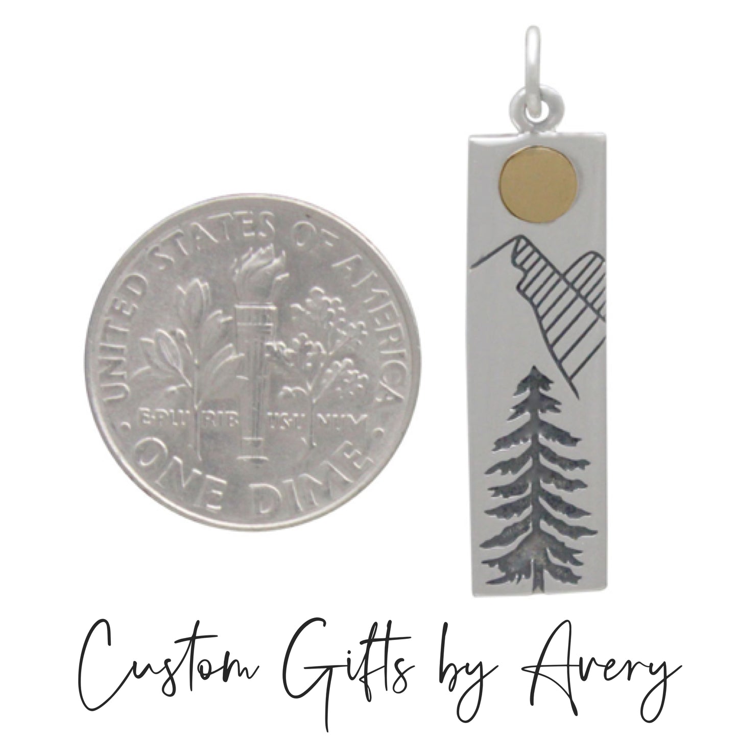 Sterling Silver Pine Tree with Mountains & Bronze Sun Necklace