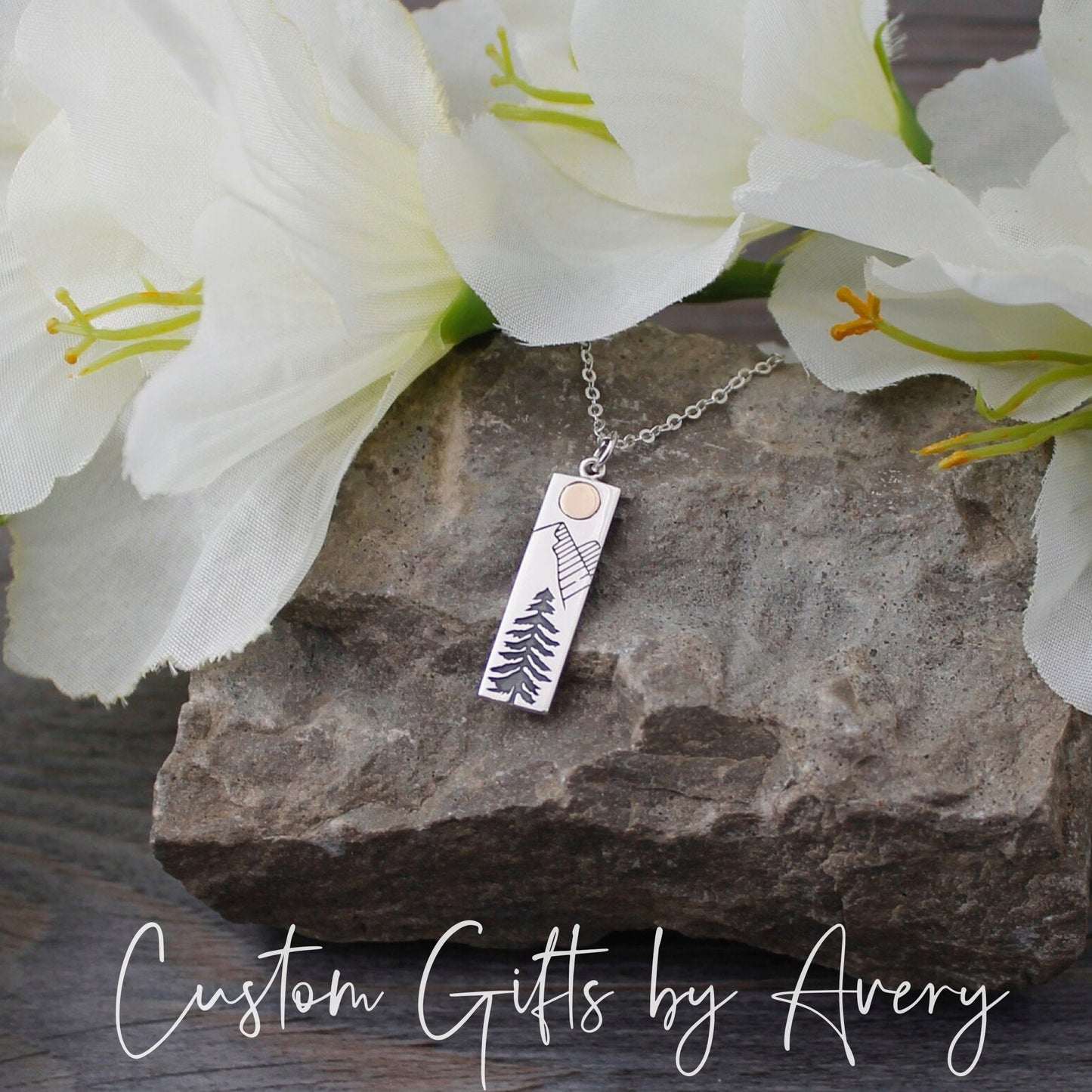 Sterling Silver Pine Tree with Mountains & Bronze Sun Necklace