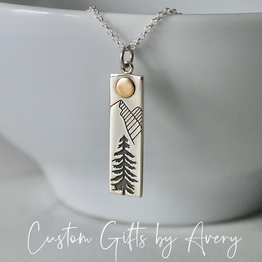 Sterling Silver Pine Tree with Mountains & Bronze Sun Necklace