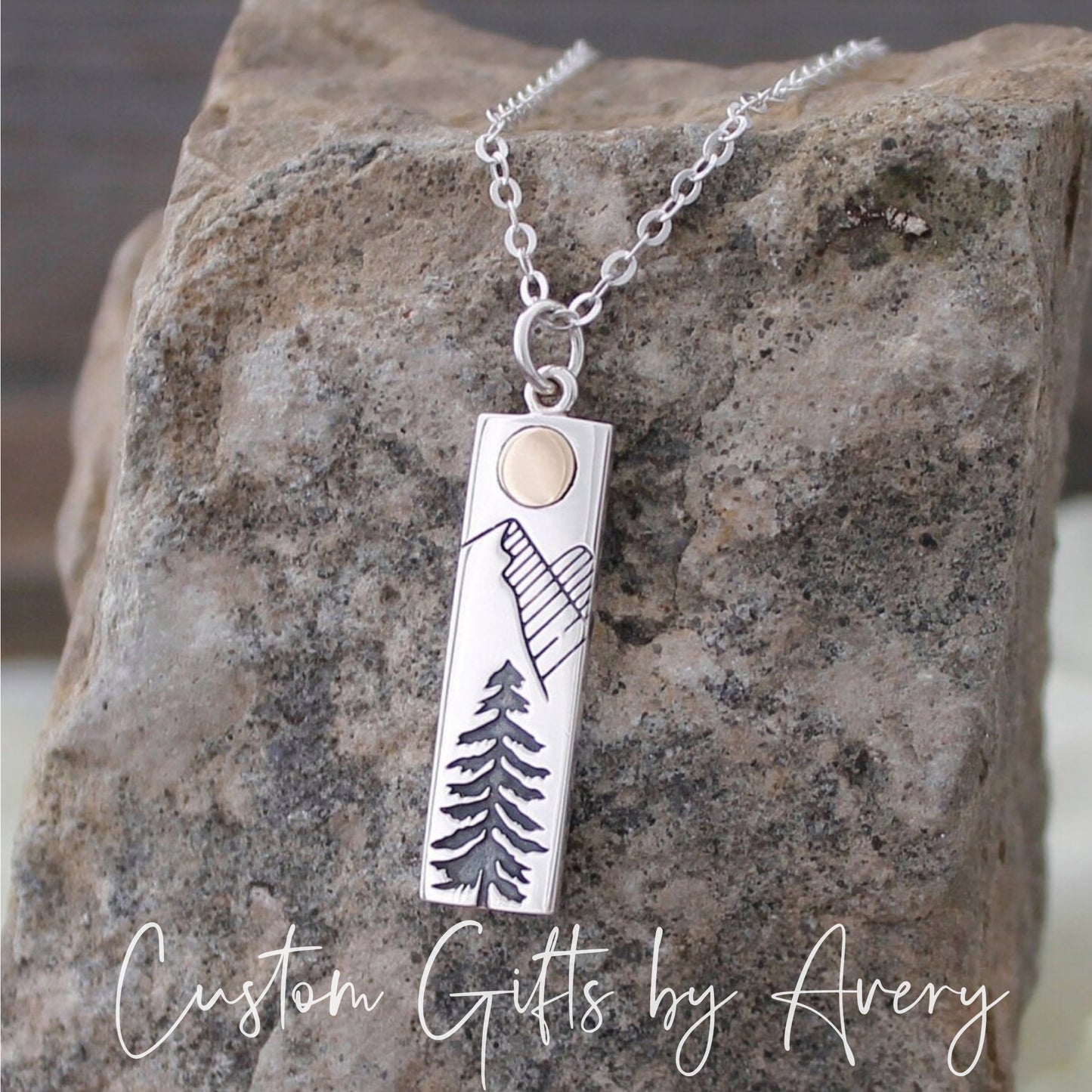 Sterling Silver Pine Tree with Mountains & Bronze Sun Necklace