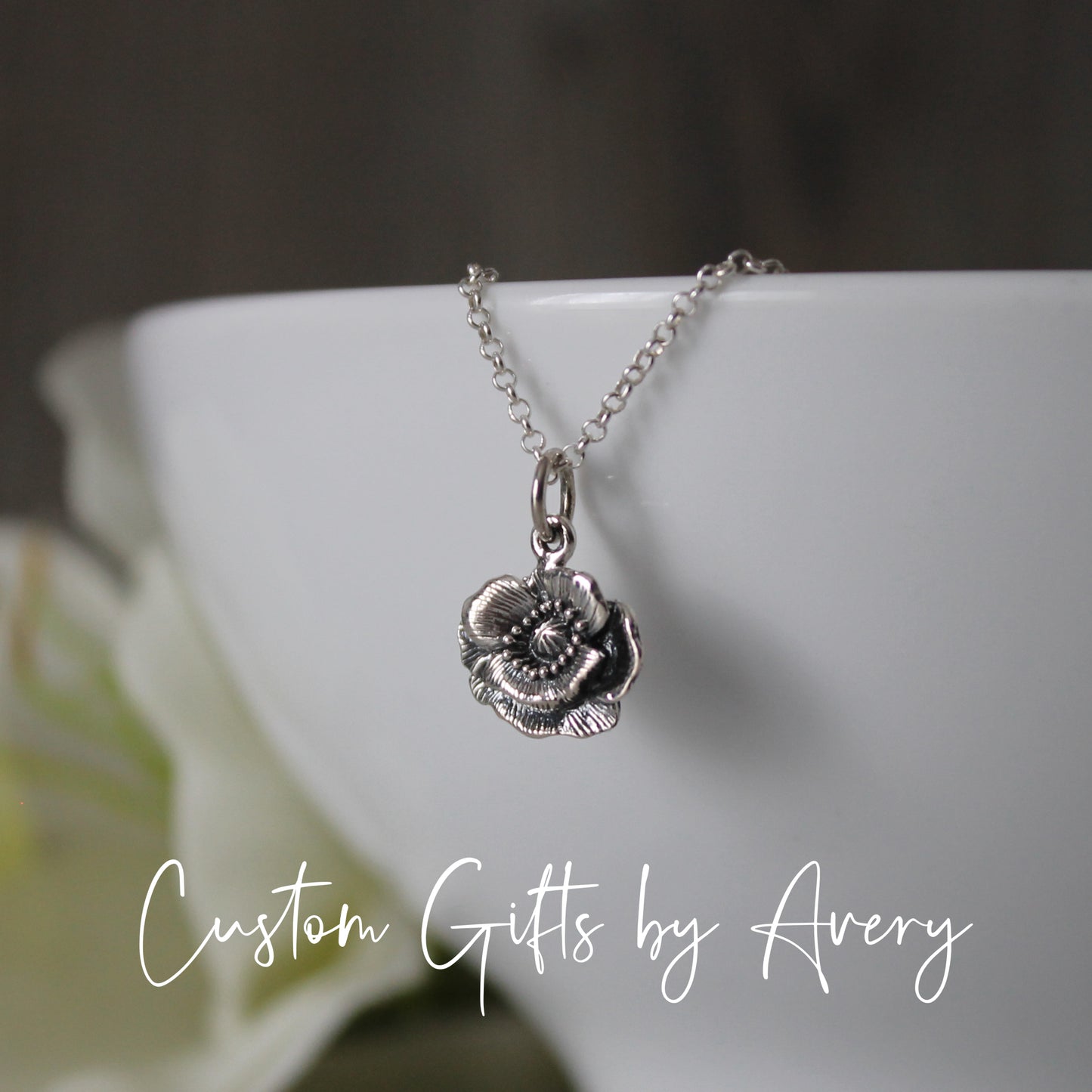 Tiny Sterling Silver Poppy Necklace