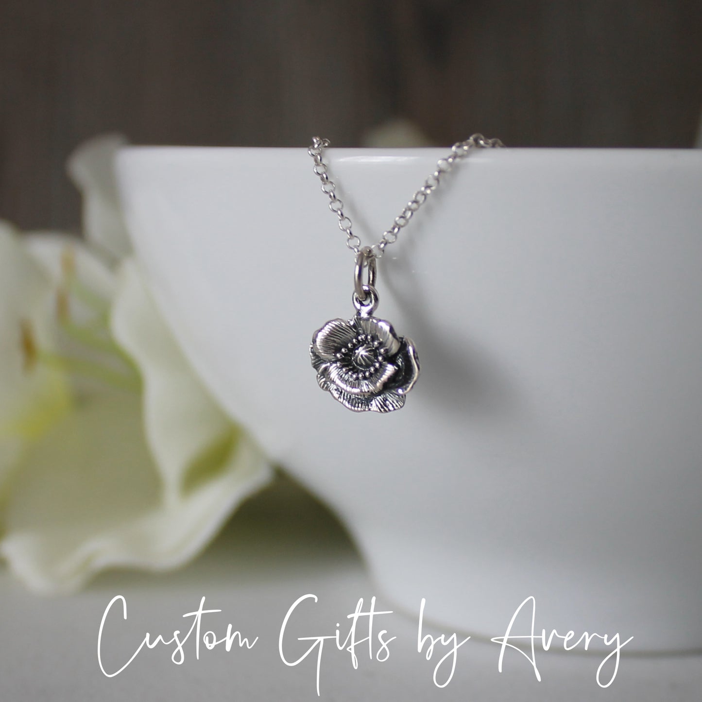 Tiny Sterling Silver Poppy Necklace