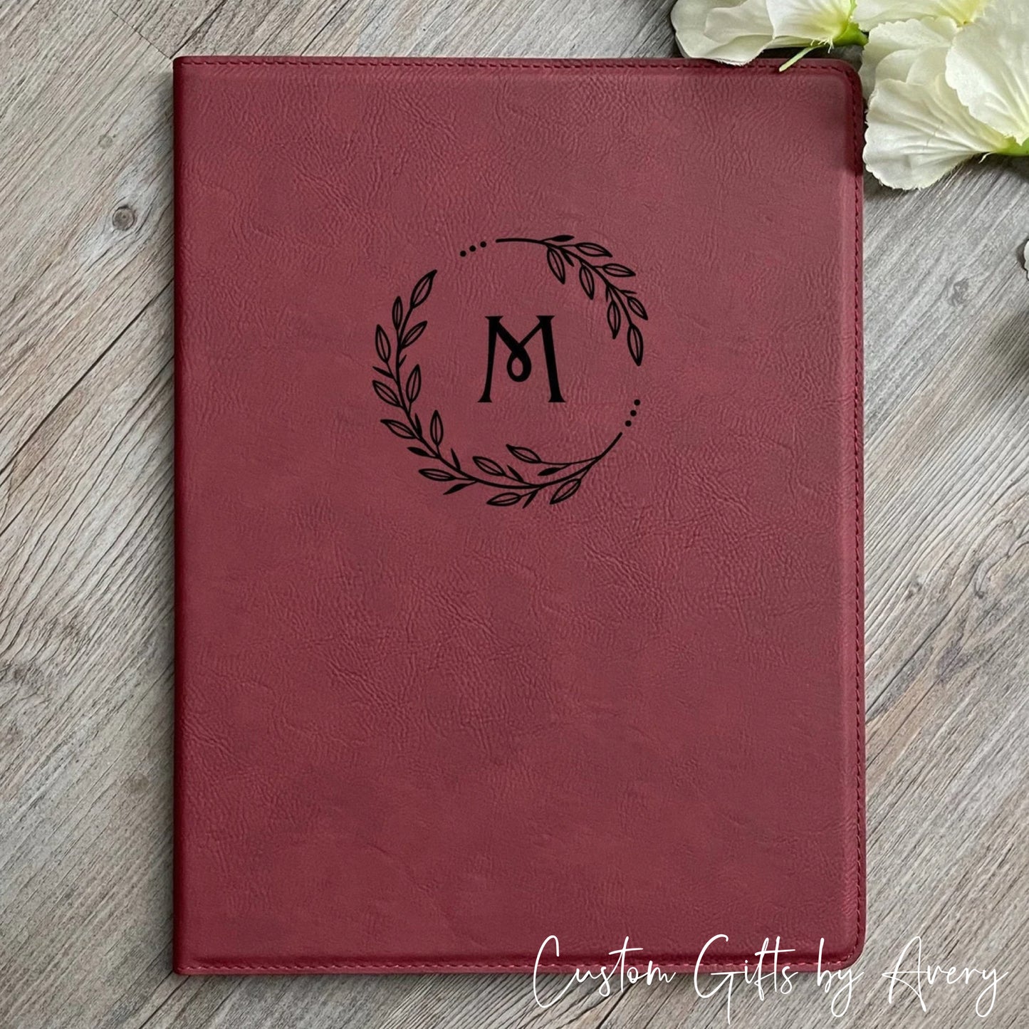 Personalized Leatherette Portfolio ~ Laurel Wreath