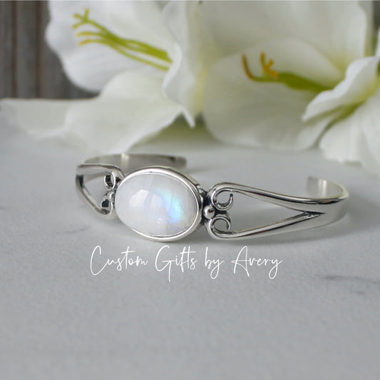 Sterling Silver & Rainbow Moonstone Adjustable Cuff Bracelet