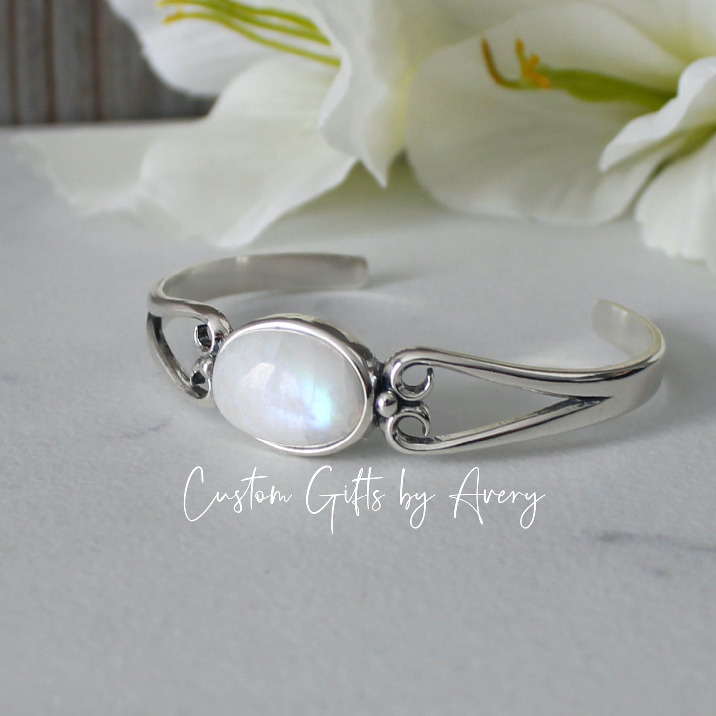 Sterling Silver & Rainbow Moonstone Adjustable Cuff Bracelet