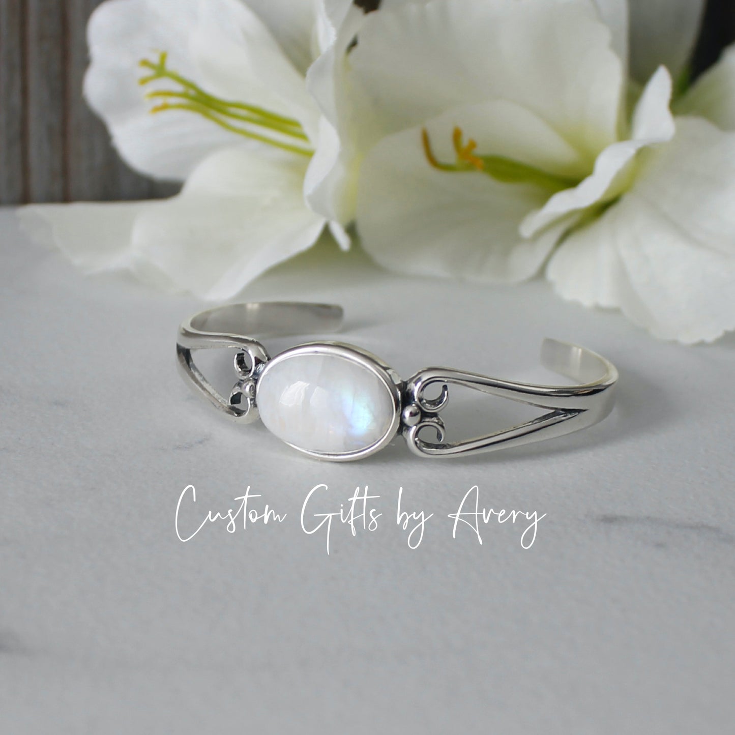 Sterling Silver & Rainbow Moonstone Adjustable Cuff Bracelet