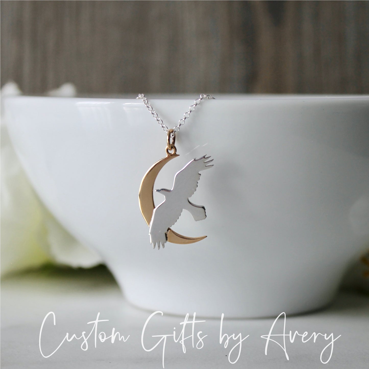 Sterling Silver Raven & Crescent Moon Necklace