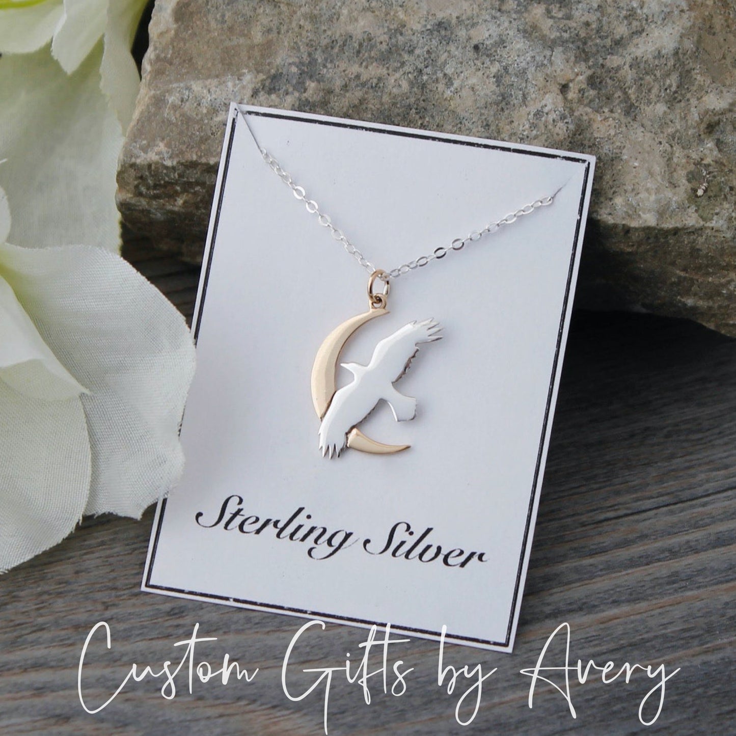 Sterling Silver Raven & Crescent Moon Necklace