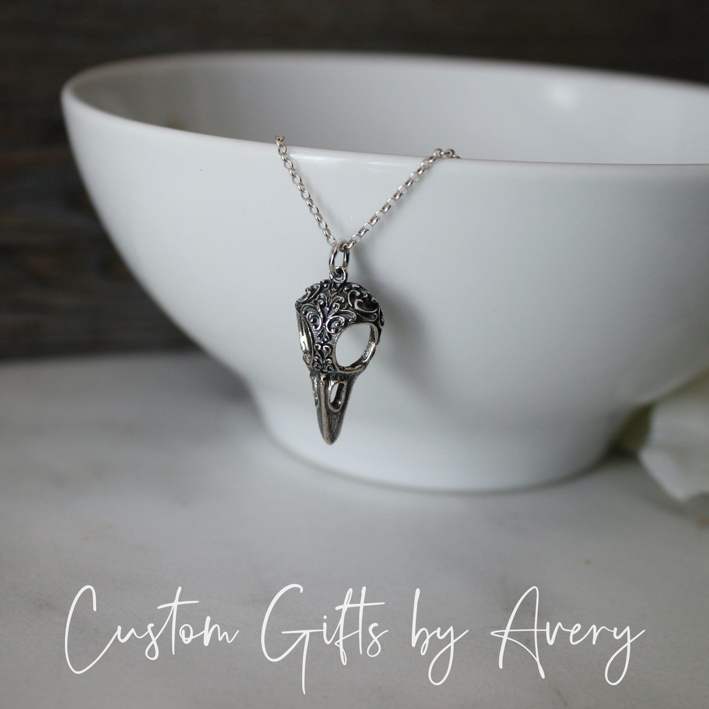 Sterling Silver Raven Skull Necklace