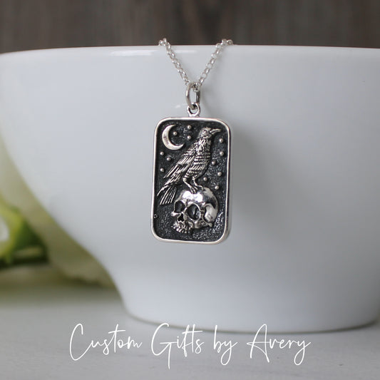 Rectangular Sterling Silver Raven and Skull Necklace