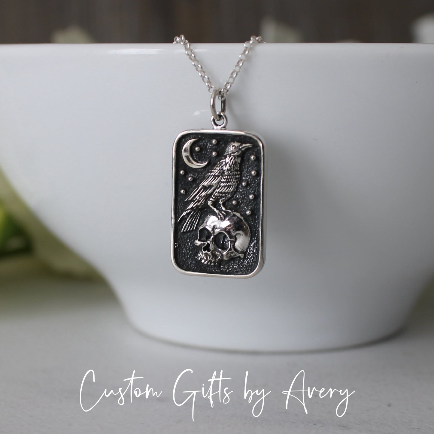 Rectangular Sterling Silver Raven and Skull Necklace