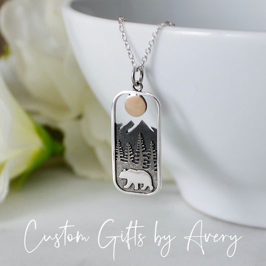 Sterling Silver Rectangular Bear and Forest Mountain Necklace