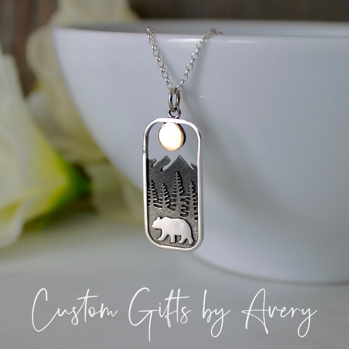 Sterling Silver Rectangular Bear and Forest Mountain Necklace