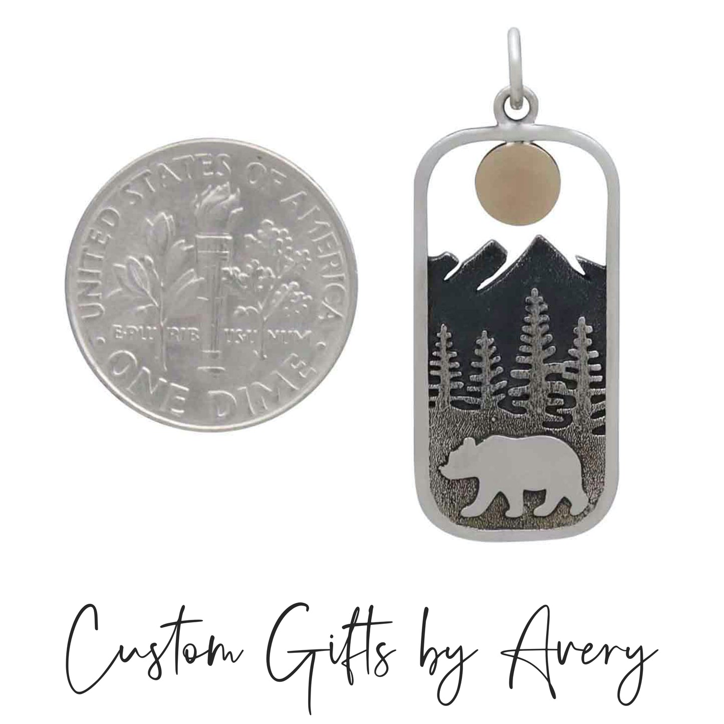 Sterling Silver Rectangular Bear and Forest Mountain Necklace