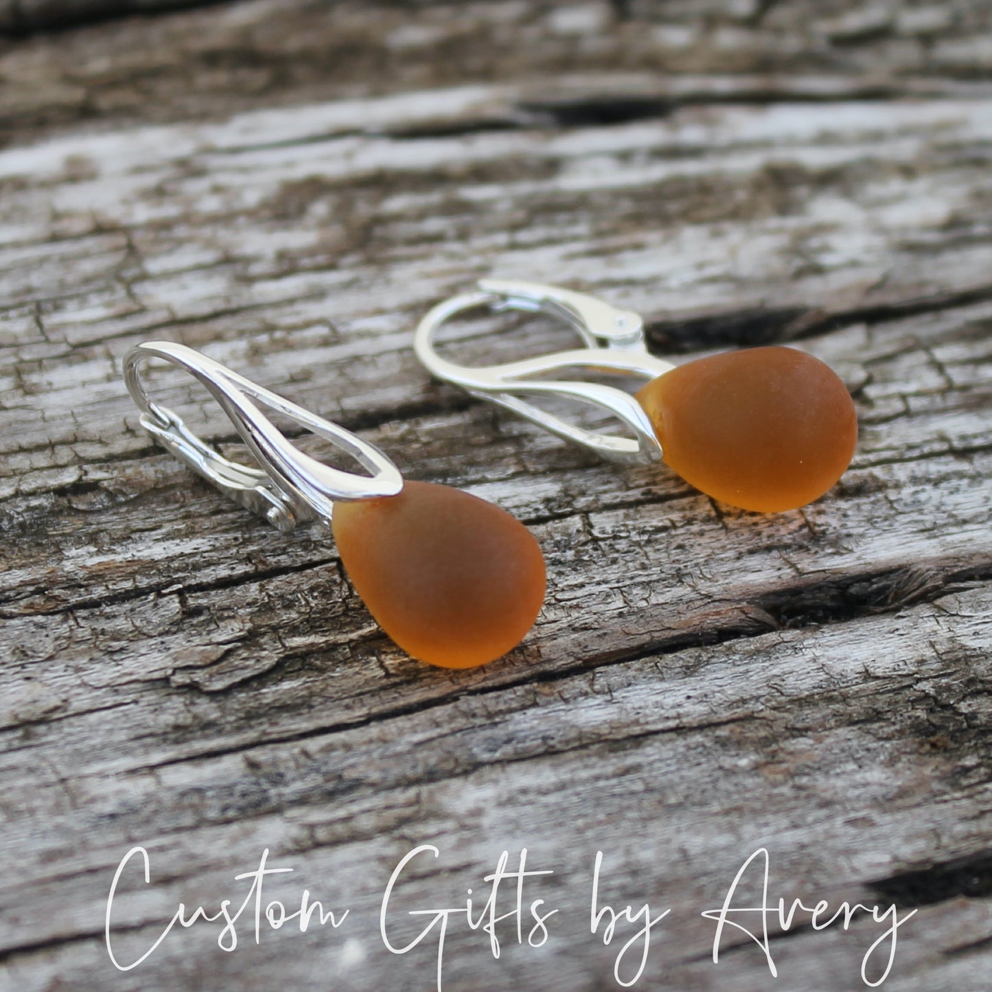 Dark Amber Cultured Sea Glass & Sterling Silver Teardrop Earrings