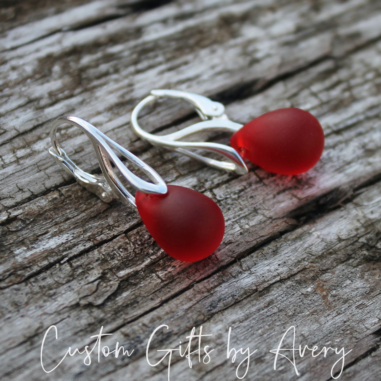 Red Cultured Sea Glass & Sterling Silver Teardrop Earrings